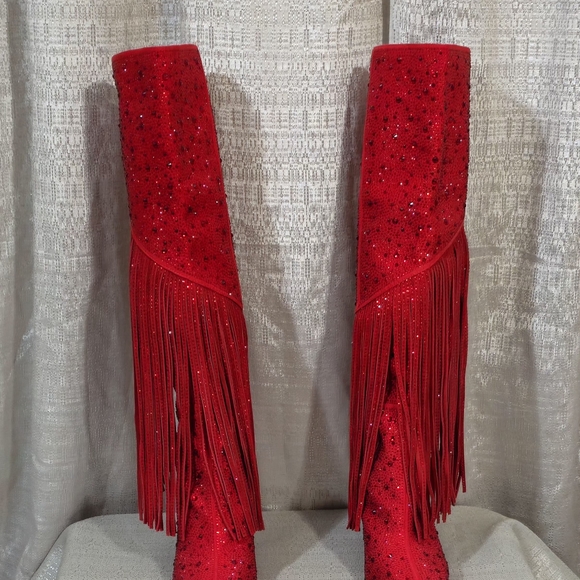 Jessica Simpson Red Sequin Fringe Heeled Boots - Picture 7 of 8